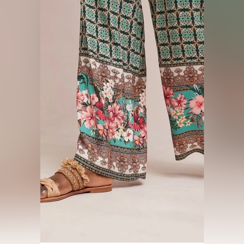 Farm Rio Honolulu Wide Leg Pant Jumpsuit with green and white geometric print. S - Picture 3 of 8
